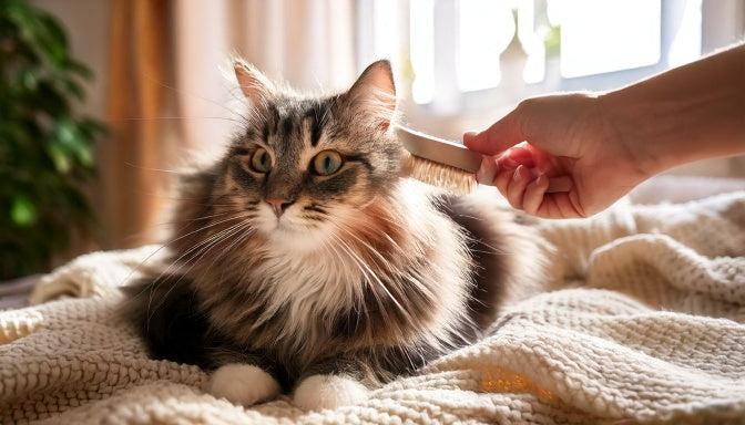 Kat wordt liefdevol geborsteld op een zachte deken in een gezellige woonkamer tijdens de rui