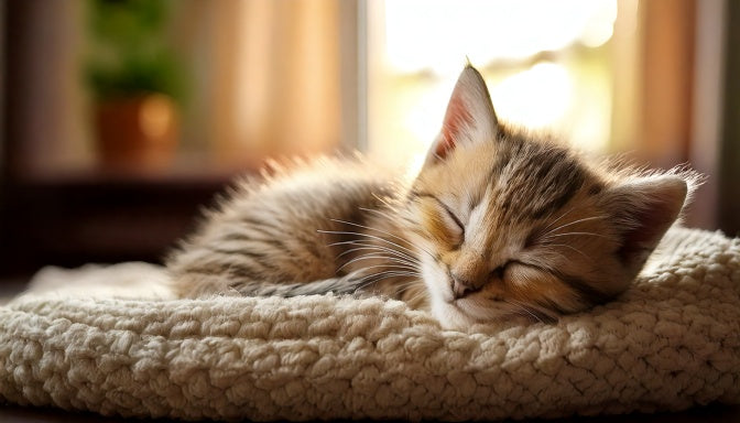 Kitten van twaalf weken slaapt opgerold op een zachte deken in de woonkamer