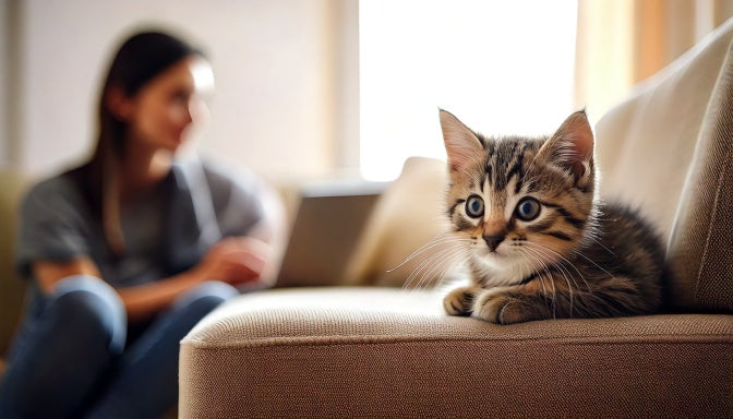 Kitten wrijft met zijn wang langs de hoek van een bank in een lichte woonkamer