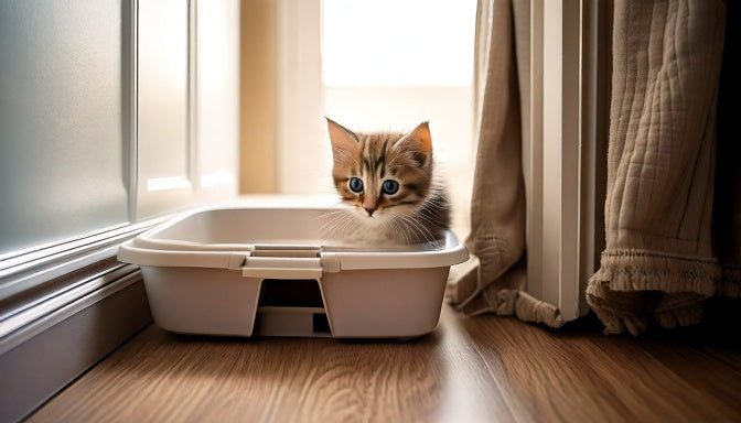 Kitten stapt uit een open kattenbak in een rustige hoek van de kamer