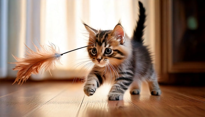 Alert kitten springt op een verenhengel op een houten vloer