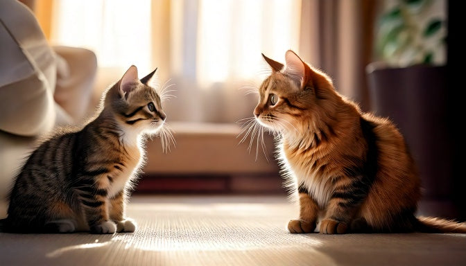 Kitten en volwassen kat zitten op afstand van elkaar en kijken elkaar rustig aan