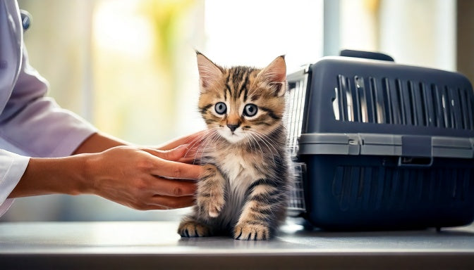 Kitten zit rustig op de behandeltafel bij de dierenarts naast een open reismand