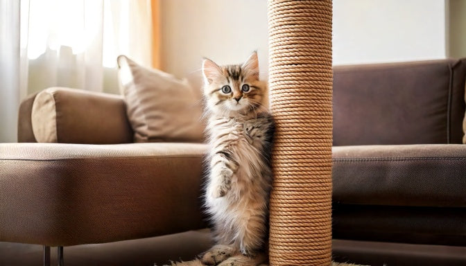 Kitten strekt zich volledig uit tegen een hoge sisal krabpaal naast een bank