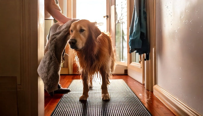 Natte golden retriever wordt met een handdoek afgedroogd in een gezellige hal na een regenachtige wandeling