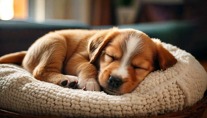 Puppy van acht weken slaapt opgerold in een zachte mand in de woonkamer