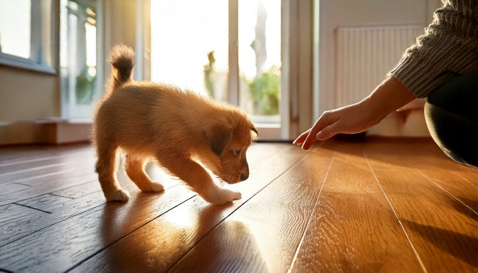 Kleine puppy snuffelt voorzichtig rond in een nieuw huis met een hand van de eigenaar dichtbij