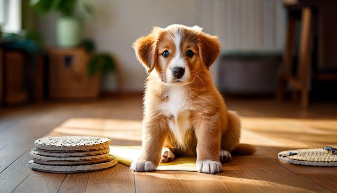 Jonge puppy zit alert op de vloer naast puppytrainingsmatjes