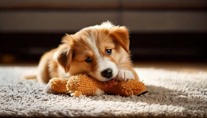 Spelende puppy kauwt op een zacht speeltje op een vloerkleed