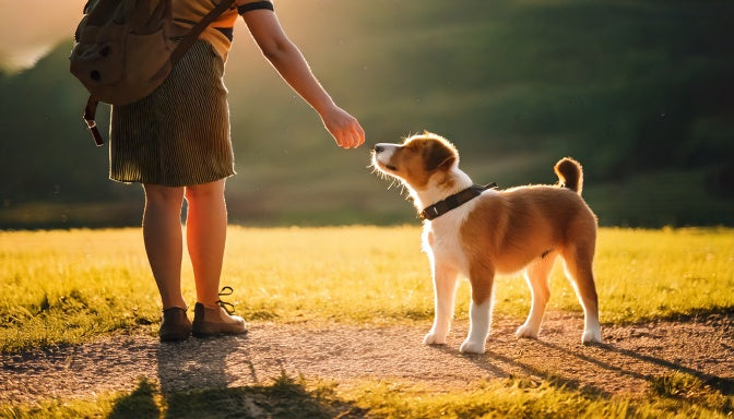 Puppy maakt buiten kennis met een nieuw persoon en snuffelt nieuwsgierig