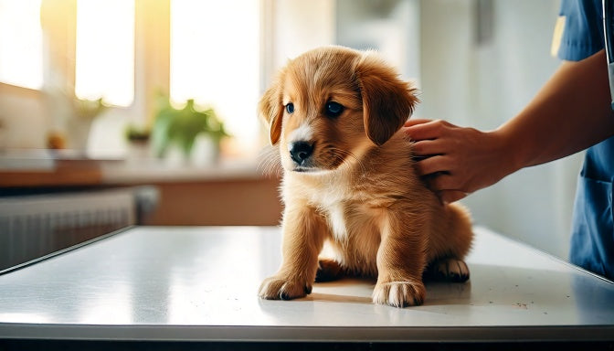 Puppy zit rustig op de behandeltafel bij de dierenarts