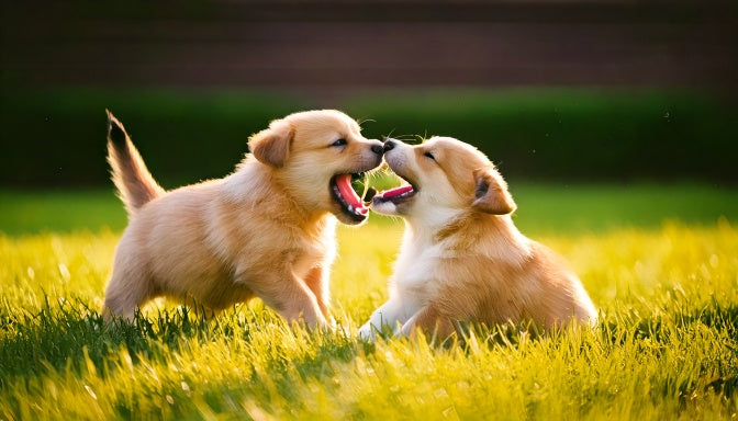 Twee puppy's stoeien speels met elkaar in het gras