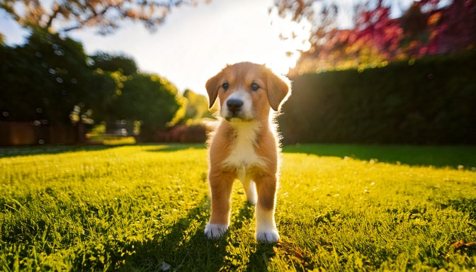 Zelfverzekerde puppy van drie maanden staat in een zonnige tuin