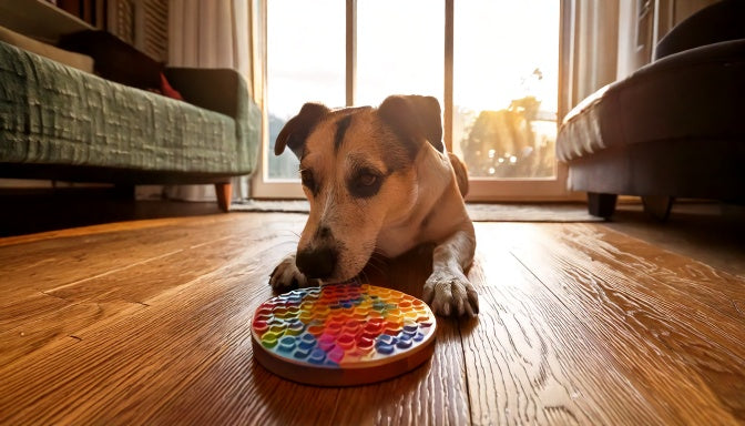 Hond ligt ontspannen op de vloer in de woonkamer en speelt met een kleurrijk puzzelspeeltje